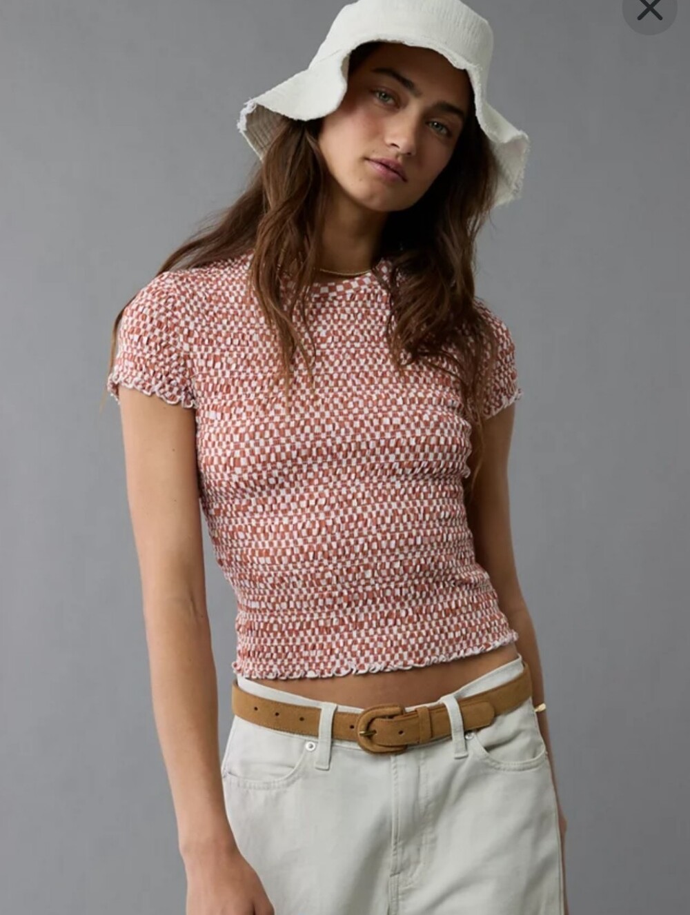 American Eagle Outfitters Red & White Smocked Short Sleeve Top